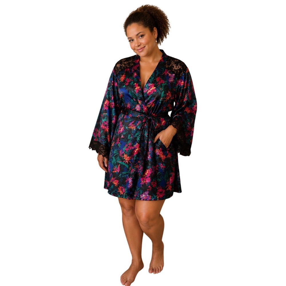 Victorias Secret Moonlit Tropic Floral Satin Lace Trim Robe XL XXL Kimono Luxe